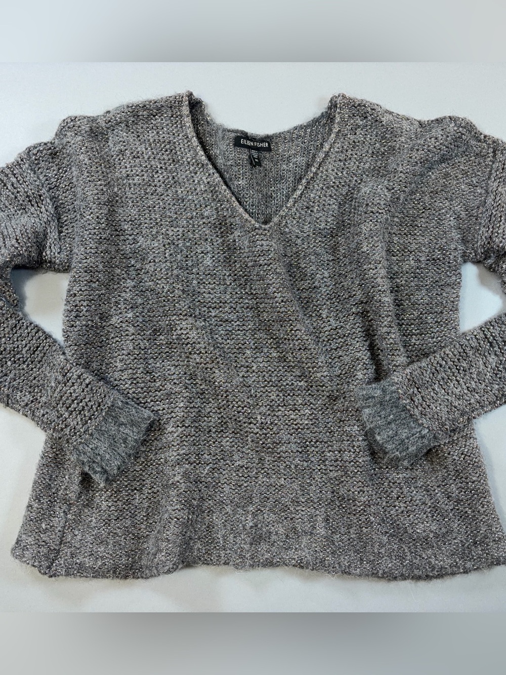 Eileen Fisher XS Gray Metallic Alpaca Wool V-Neck Sweater Italian Yarn Boxy